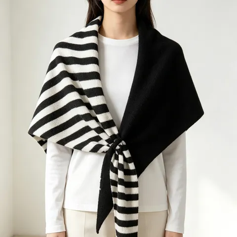 Women Striped Wool Blend Triangular Shawl Scarf Knitted Patchwork Scarf For Autumn Winter Warm Neck Guard Wrap Shawl