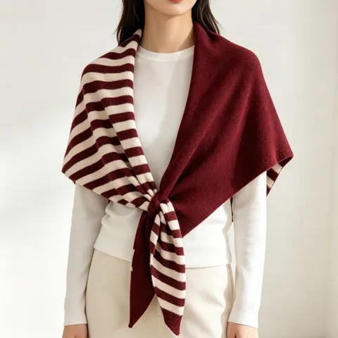 Women Striped Wool Blend Triangular Shawl Scarf Knitted Patchwork Scarf For Autumn Winter Warm Neck Guard Wrap Shawl