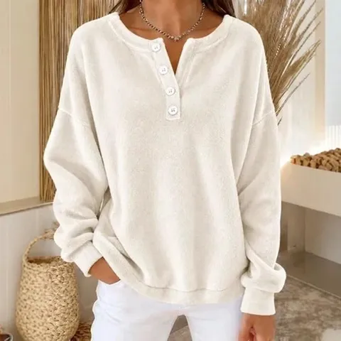 Sudadera de Felpa Casual para Mujer Pullover Cuello Henley Botón Manga Larga Top Holgado Suave Cómodo Color Sólido Cálido