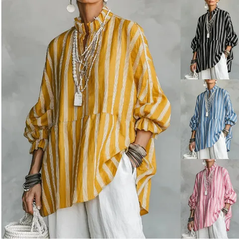 Camisa Holgada de Rayas Verticales Cuello Mao Retro Casual para Mujer Manga Tres Cuartos Farol Blusa Top