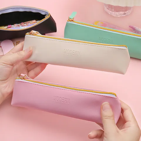 Estuche de Lápices de Gran Capacidad de Cuero PU Minimalista Diseño de Letras en Relieve Bolsa de Almacenamiento de Papelería de Oficina Escuela Bolsa de Cosméticos con Cremallera para Estudiantes Trabajadores