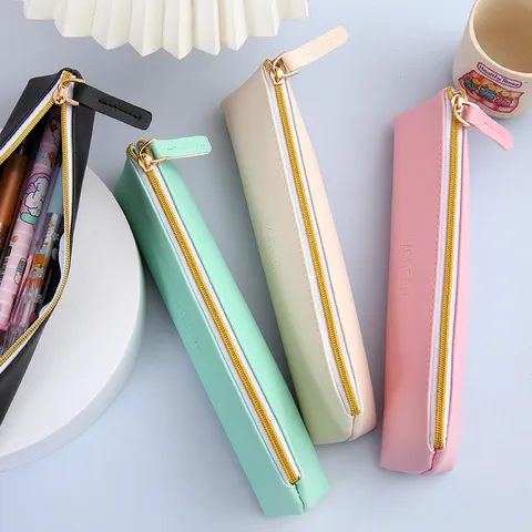 Estuche de Lápices de Gran Capacidad de Cuero PU Minimalista Diseño de Letras en Relieve Bolsa de Almacenamiento de Papelería de Oficina Escuela Bolsa de Cosméticos con Cremallera para Estudiantes Trabajadores