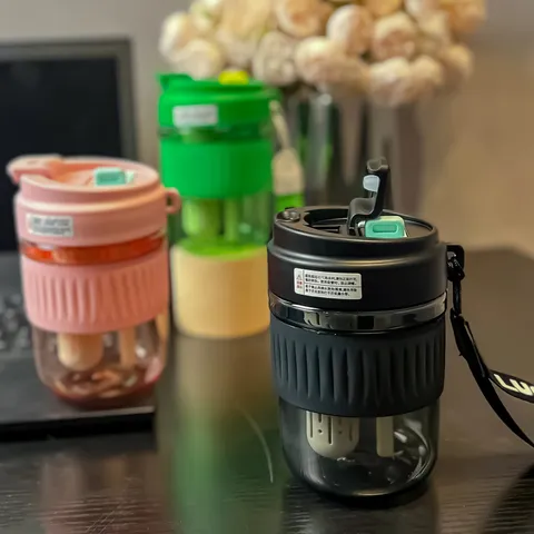 Tritan Plastic Water Bottle Double Drinking Straw Tumbler High Temperature Resistant Portable Coffee Tea Cup for Summer