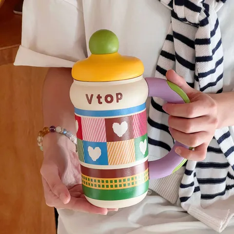 Large Capacity Stainless Steel Thermos Cup Portable Insulated Water Bottle With Straw And Handle Cute Travel Tumbler