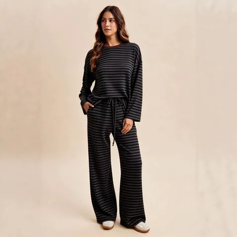 Conjunto de Dos Piezas Casual a Rayas Para Mujer Con Top de Manga Larga y Pantalón Ancho