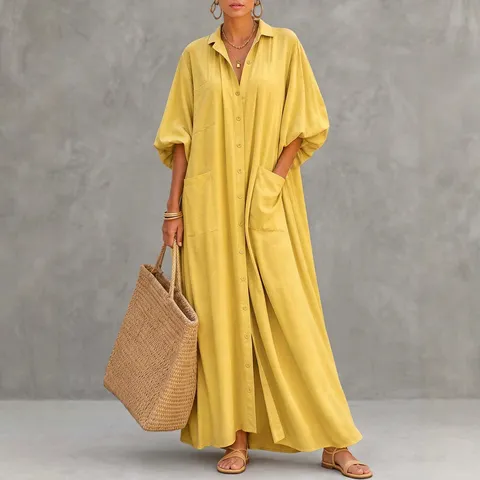 Vestido Camisero Maxi Casual de Manga Larga con Solapa para Mujer Vestido Cárdigan Suelto de Un Solo Pecho con Bolsillos