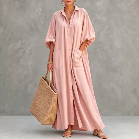Vestido Camisero Maxi Casual de Manga Larga con Solapa para Mujer Vestido Cárdigan Suelto de Un Solo Pecho con Bolsillos