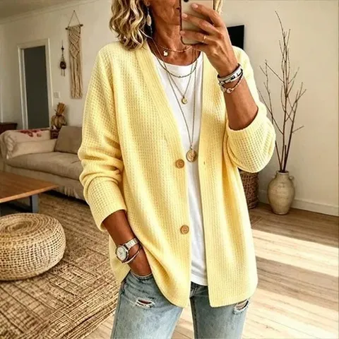 Cárdigan de Punto de Gofre con Cuello en V Casual para Mujer Holgado Manga Larga Botonadura Simple Color Sólido Prendas de Abrigo