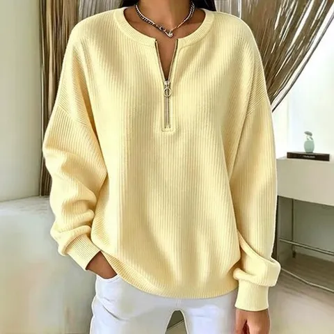 Suéter de Punto Acanalado con Media Cremallera Casual para Mujer Hombro Caído Color Sólido Manga Larga
