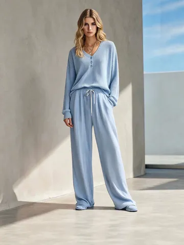 Conjunto de Ropa de Descanso Informal de Punto de Gofre para Mujer Top de Manga Larga con Cuello en V y Pantalones de Pierna Ancha