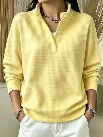 Top Casual de Punto Waffle de Manga Larga para Mujer Color Sólido Cuello en V Henley Botonadura Holgado Pulóver Otoño