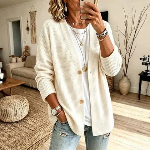 Cárdigan de Punto de Gofre con Cuello en V Casual para Mujer Holgado Manga Larga Botonadura Simple Color Sólido Prendas de Abrigo