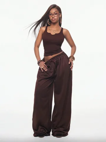 Conjunto Casual de Dos Piezas para Mujer Camisole Corto Ajustado y Pantalón de Pierna Ancha con Cordón Color Sólido Chándal de Poliéster