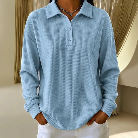 Camisa Polo Casual de Manga Larga de Tejido Waffle para Mujer Holgada con Botones Solapa Color Unido Top