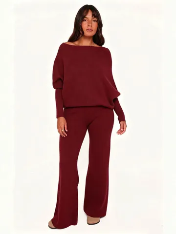 Conjunto de Suéter y Pantalones Acampanados de Punto con Hombros Descubiertos y Manga Larga para Mujer Color Sólido Elegante Traje de Dos Piezas