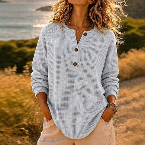 Camiseta de Manga Larga con Cuello Henley Waffle Casual para Mujer Color Sólido Botón Suelto de Punto