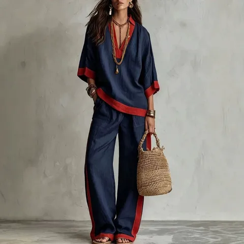 Conjunto Casual de Dos Piezas de Mezcla de Lino con Bloque de Color para Mujer Cuello en V Manga Tres Cuartos Top y Pantalón de Pierna Ancha