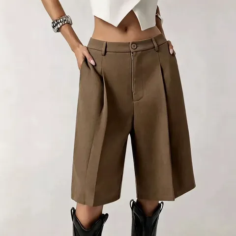 Women Casual Solid Color Suit Shorts Summer Fashion Versatile Commute Loose Straight Leg Bermuda Shorts