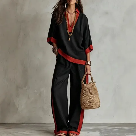 Conjunto Casual de Dos Piezas de Mezcla de Lino con Bloque de Color para Mujer Cuello en V Manga Tres Cuartos Top y Pantalón de Pierna Ancha