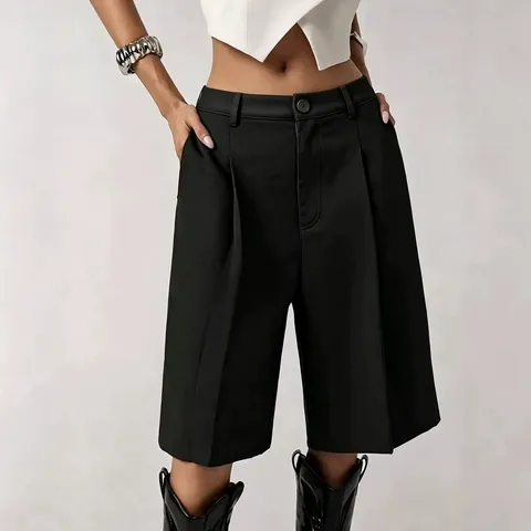 Women Casual Solid Color Suit Shorts Summer Fashion Versatile Commute Loose Straight Leg Bermuda Shorts