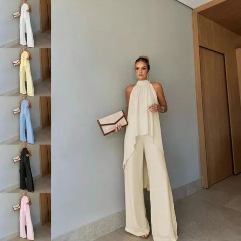 Mujer Verano Elegante Halter Sin Mangas Dobladillo Irregular Top Y Pantalones Anchos Color Sólido Casual Traje