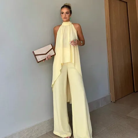 Mujer Verano Elegante Halter Sin Mangas Dobladillo Irregular Top Y Pantalones Anchos Color Sólido Casual Traje