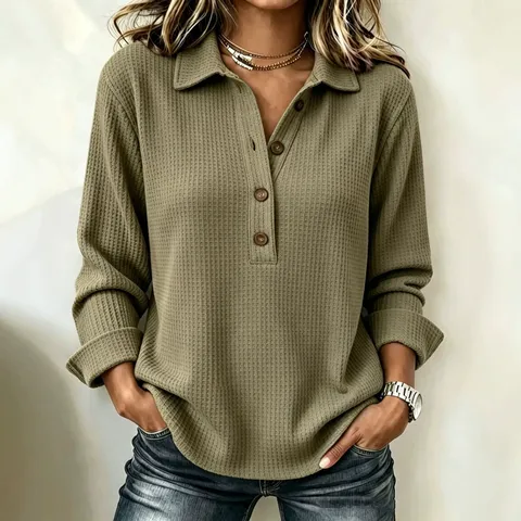 Blusa Casual Holgada con Solapa y Botones de Color Sólido Gofre Manga Larga para Mujer Otoño Invierno Moda