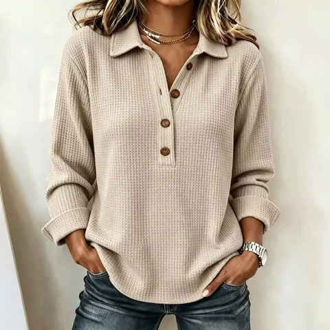 Blusa Casual Holgada con Solapa y Botones de Color Sólido Gofre Manga Larga para Mujer Otoño Invierno Moda