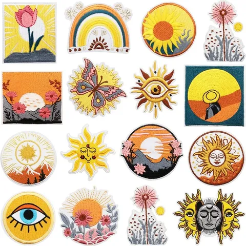 Bohemian Embroidered Patches Sun Moon Sunset Tulip Landscape Patches Iron On Badges Appliques For Clothes Bags Decoration