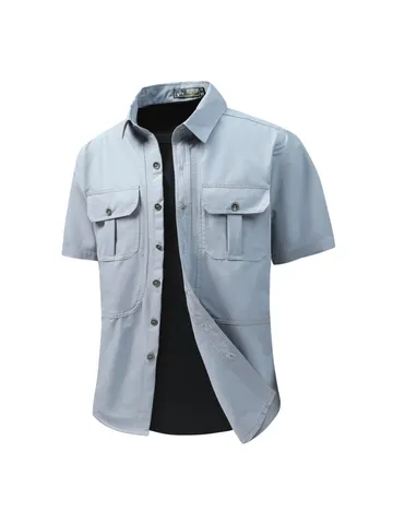 Men's American Business Casual Multi-Pocket Cargo Shirt Short Sleeve Lapel Military Style Polyester Work Shirt Top