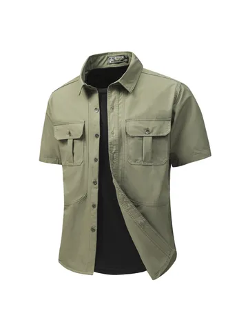 Men's American Business Casual Multi-Pocket Cargo Shirt Short Sleeve Lapel Military Style Polyester Work Shirt Top