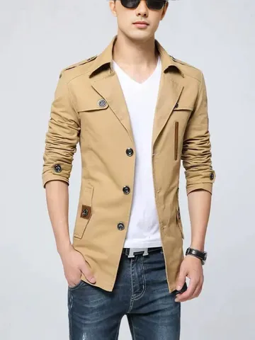 Men Casual Mid-Length Windbreaker Jacket Slim Fit Lapel Single-Breasted Cotton Outerwear With Pockets