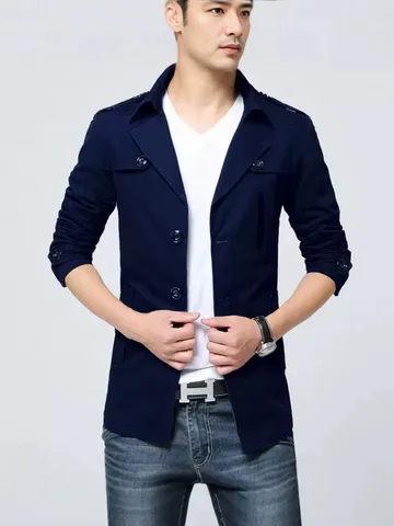 Men Casual Mid-Length Windbreaker Jacket Slim Fit Lapel Single-Breasted Cotton Outerwear With Pockets