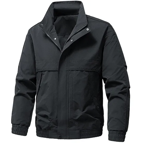 Chaqueta Casual Outdoor para Hombre Cuello Alzado Manga Larga Cremallera Completa Rompevientos Utility Moda Primavera Abrigo de Poliéster