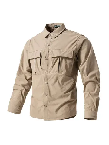 Men's Casual Waterproof Long Sleeve Cargo Shirt Vintage Solid Color Turn-down Collar Button Cardigan Outdoor Daily Top