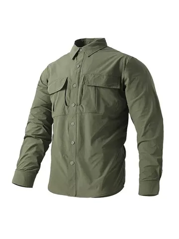 Men's Casual Waterproof Long Sleeve Cargo Shirt Vintage Solid Color Turn-down Collar Button Cardigan Outdoor Daily Top
