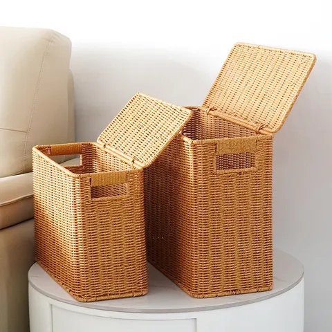 Boîte de Rangement En Plastique Étroite Et Haute Avec Couvercle Style Rotin Panier Mince Pour Espace Coin Salon