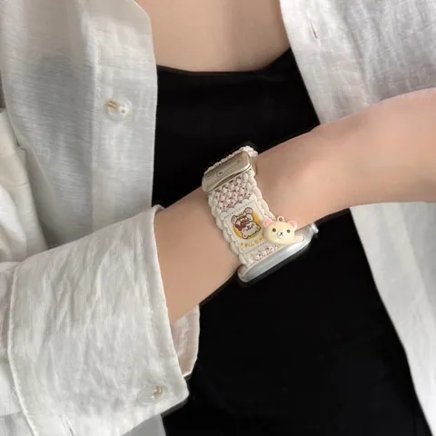 Nylon Geweven Horlogeband Voor Apple Watch Magnetische Sluiting Met Schattige Cartoon Beer Hanger Vervangende Band Sieraden Accessoires