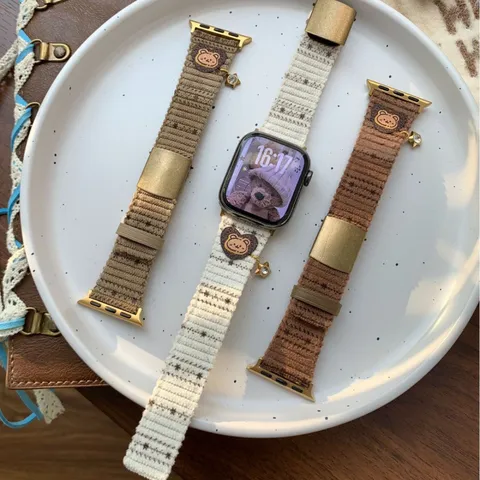 Corduroy Apple Watch Strap For S10 S11 Series Cute Bear And Star Pattern Replacement Band With Metal Buckle