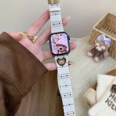 Corduroy Apple Watch Strap For S10 S11 Series Cute Bear And Star Pattern Replacement Band With Metal Buckle