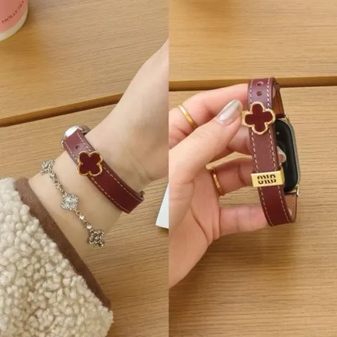 Genuine Leather Smartwatch Replacement Strap With Clover Metal Decor Compatible With Smart Watch Fashion Wrist Band
