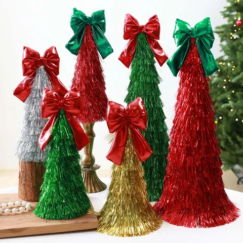 Glänzendes Lametta Weihnachtsbaum Turm Ornament Mit Großer Schleife Für Feiertage Tischplatte Schaufenster Fenster Weihnachtsdekoration