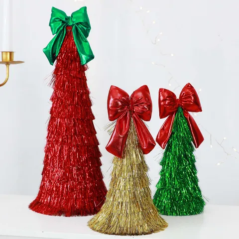 Glänzendes Lametta Weihnachtsbaum Turm Ornament Mit Großer Schleife Für Feiertage Tischplatte Schaufenster Fenster Weihnachtsdekoration