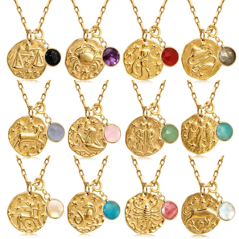 Collier Pendentif Rond 12 Constellations en Acier Inoxydable Plaqué Or 18K Strass Zodiaque Pierre de Naissance Bijoux Minimalistes Homme Femme