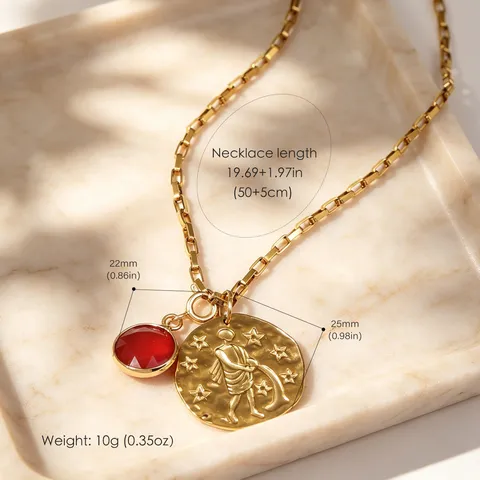 Collier Pendentif Rond 12 Constellations en Acier Inoxydable Plaqué Or 18K Strass Zodiaque Pierre de Naissance Bijoux Minimalistes Homme Femme