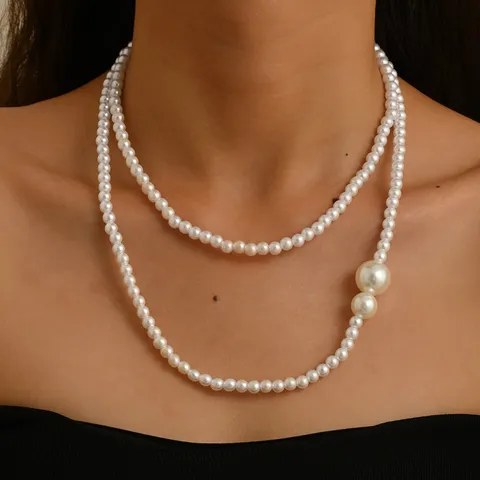 Collana Lunga in Perla Artificiale alla Moda Doppio Strato Asimmetrica Grande Perla Catena Clavicolare Gioiello Dolce Regalo