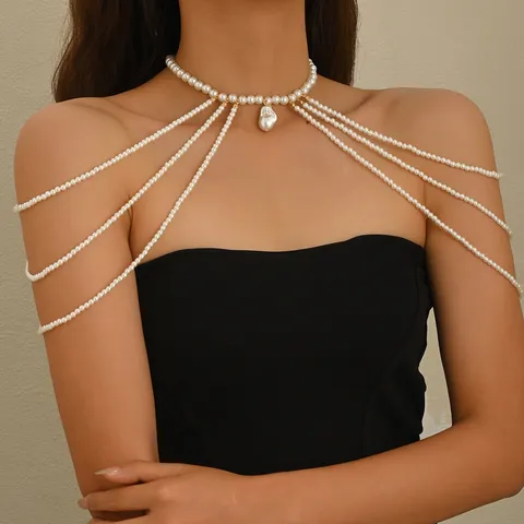 Catena Corporea in Perla Artificiale Multistrato Vintage Francese Elegante Collana con Catena da Spalla Gioielli da Abito per Donna