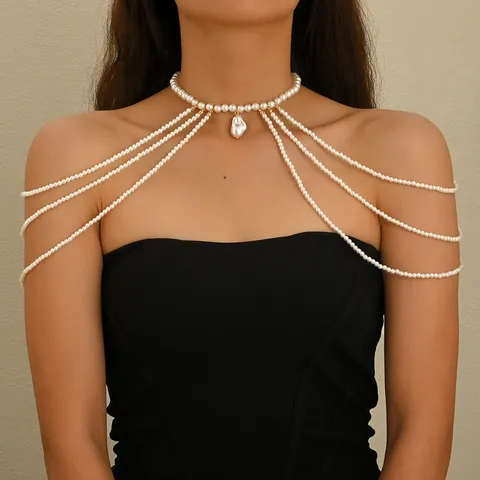 Catena Corporea in Perla Artificiale Multistrato Vintage Francese Elegante Collana con Catena da Spalla Gioielli da Abito per Donna