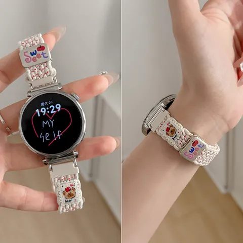 Woven Nylon Watch Band Cute Bear Pattern Replacement Strap Magnetic Clasp For Smart Watch