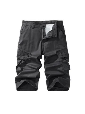 Men's Casual Cotton Blend Cargo Pants Mid Waist Drawstring Straight Cropped Trousers With Multi Pockets Summer Daily Wear